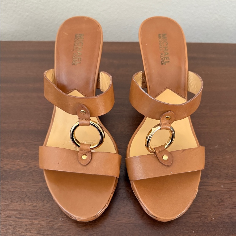 MICHAEL Michael Kors Camel Wedge Sandals with Gold Accent Size 7